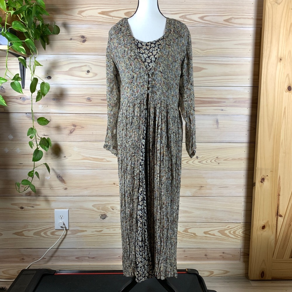 Vtg 90s Starina Maxi Dress Women L Dark Floral Pleated Layered Boho Fairy Grunge - Picture 2 of 14